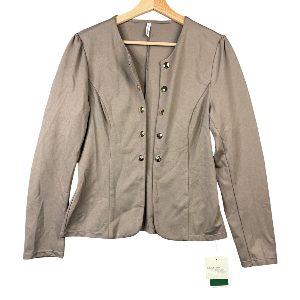 Halara V Neck Button Front Puff Sleeve Blazer Jacket Taupe Khaki Large NWT